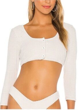 WeWoreWhat Cream Waffle-Knit Cropped Button Top